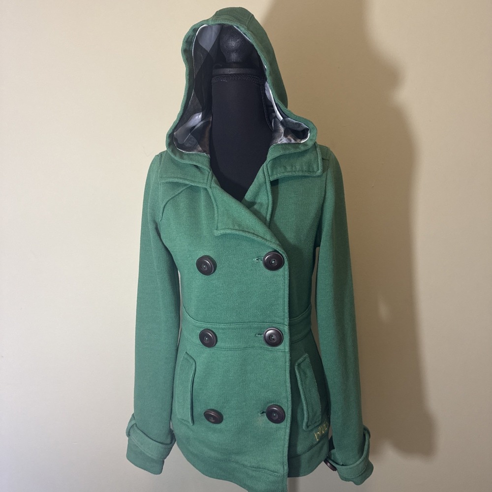 Vintage Billabong Women's Green Button Up Peacoat With Plaid Accents Size M READ